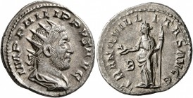 Philip I, 244-249. Antoninianus (Silver, 21 mm, 4.97 g, 11 h), Rome, 248. IMP PHILIPPVS AVG Radiate, draped and cuirassed bust of Philip I to right, s...