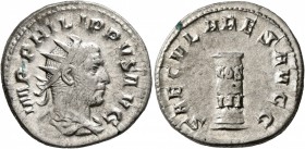 Philip I, 244-249. Antoninianus (Silver, 22 mm, 5.15 g, 1 h), Rome, 248. IMP PHILIPPVS AVG Radiate, draped and cuirassed bust of Philip I to right, se...
