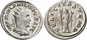 Philip I, 244-249. Antoninianus (Silver, 23 mm, 4.31 g, 12 h), Rome. IMP M IVL PHILIPPVS AVG Radiate, draped and cuirassed bust of Philip I to right, ...