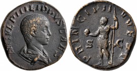 Philip II, as Caesar, 244-247. Sestertius (Orichalcum, 28 mm, 20.47 g, 12 h), Rome, 246. M IVL PHILIPPVS CAES Bare-headed and draped bust of Philip II...
