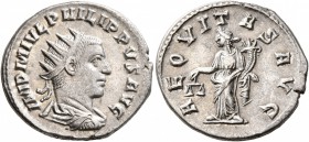 Philip II, 247-249. Antoninianus (Silver, 21 mm, 4.20 g, 5 h), Antiochia, 247. IMP M IVL PHILIPPVS AVG Radiate, draped and cuirassed bust of Philip II...