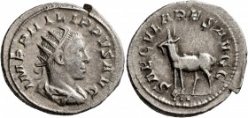 Philip II, 247-249. Antoninianus (Silver, 23 mm, 4.73 g, 7 h), Rome, 248. IMP PHILIPPVS AVG Radiate, draped and cuirassed bust of Philip II to right, ...