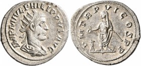 Philip II, 247-249. Antoninianus (Silver, 24 mm, 4.06 g, 1 h), Antiochia, 249. IMP M IVL PHILIPPVS AVG Radiate, draped and cuirassed bust of Philip II...