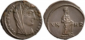 Divus Constantine I, died 337. Follis (Bronze, 15 mm, 1.54 g, 6 h), Antiochia, 347-348. DV CONSTANTINVS P T AVGG Veiled head of Divus Constantine I to...