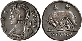 Commemorative Series, 330-354. Follis (Bronze, 17 mm, 2.65 g, 6 h), Antiochia, circa 330-335. VRBS ROMA Helmeted and mantled bust of Roma to left. Rev...