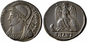 Commemorative Series, 330-354. Follis (Bronze, 17 mm, 2.80 g, 11 h), Antiochia, circa 330-335. CONSTAN-TINOPOLIS Helmeted, laureate and mantled bust o...