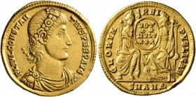 Constantius II, 337-361. Solidus (Gold, 21 mm, 4.46 g, 6 h), Antiochia, 347-355. FL IVL CONSTAN-TIVS PERP AVG Rosette-diademed, draped and cuirassed b...