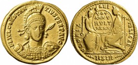 Constantius II, 337-361. Solidus (Gold, 22 mm, 4.32 g, 5 h), Sirmium, 355-361. FL IVL CONSTAN-TIVS PERP AVG Pearl-diademed, helmeted and cuirassed bus...