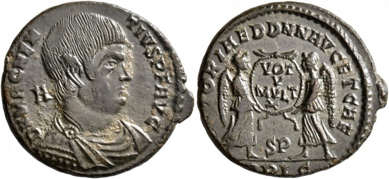 Magnentius, 350-353. Follis (Bronze, 23 mm, 4.83 g, 6 h), Lugdunum. D N MAGNEN-T...
