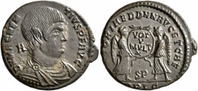 Magnentius, 350-353. Follis (Bronze, 23 mm, 4.83 g, 6 h), Lugdunum. D N MAGNEN-TIVS P F AVG / A Bare-headed, draped and cuirassed bust of Magnentius t...