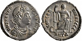 Theodosius I, 379-395. Follis (Bronze, 19 mm, 2.66 g, 12 h), Antiochia, 379-383. D N THEODO-SIVS P F AVG Rosette-diademed, draped and cuirassed bust o...