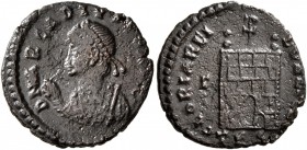 Arcadius, 383-408. Follis (Bronze, 16 mm, 2.00 g, 6 h), Thessalonica, circa 384-389. D N ARCADIVS P F AVG Pearl-diademed bust of Arcadius to left in c...