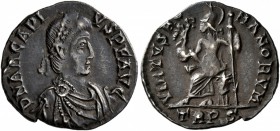 Arcadius, 383-408. Siliqua (Silver, 17 mm, 1.59 g, 12 h), Treveri, 392-395. D N ARCADI-VS P F AVG Pearl-diademed, draped and cuirassed bust of Arcadiu...