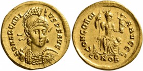 Arcadius, 383-408. Solidus (Gold, 20 mm, 4.41 g, 6 h), Constantinopolis, 397-402. D N ARCADI-VS P F AVG Pearl-diademed, helmeted and cuirassed bust of...