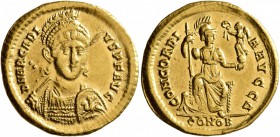 Arcadius, 383-408. Solidus (Gold, 21 mm, 4.48 g, 7 h), Constantinopolis, 395-402. D N ARCADI-VS P F AVG Pearl-diademed, helmeted and cuirassed bust of...