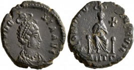 Aelia Eudoxia, Augusta, 400-404. Follis (Bronze, 17 mm, 2.49 g, 6 h), Antiochia. [AEL] EVDO-XIA AVG Pearl-diademed and draped bust of Aelia Eudoxia to...