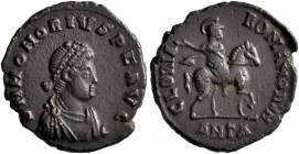 Honorius, 393-423. Follis (Bronze, 15 mm, 1.52 g, 5 h), Antiochia, 392-395. D N HONORIVS P F AVG Pearl-diademed, draped and cuirassed bust of Honorius...