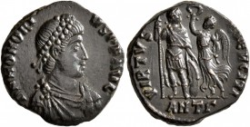 Honorius, 393-423. Follis (Bronze, 17 mm, 2.86 g, 12 h), Antiochia, 395-401. D N HONOR-IVS P F AVG Pearl-diademed, draped and cuirassed bust of Honori...