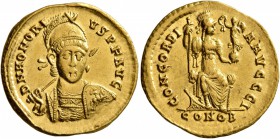 Honorius, 393-423. Solidus (Gold, 20 mm, 4.44 g, 6 h), Constantinopolis, circa 395-402. D N HONORI-VS P F AVG Pearl-diademed, helmeted and cuirassed b...