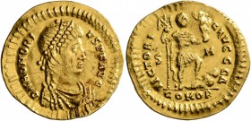 Honorius, 393-423. Solidus (Gold, 20 mm, 4.45 g, 6 h), Sirmium, 402-408. D N HONORI-VS P F AVG Pearl-diademed, draped and cuirassed bust of Honorius t...