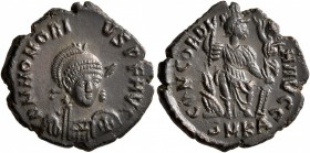 Honorius, 393-423. Follis (Bronze, 18 mm, 2.59 g, 12 h), Cyzicus, 401-403. D N HONOR-IVS P F AVG Pearl-diademed, helmeted and cuirassed bust of Honori...