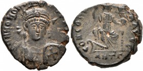 Honorius, 393-423. Follis (Bronze, 17 mm, 2.99 g, 5 h), Antiochia, 401-403. D N HONORIVS P F AVG Pearl-diademed, helmeted and cuirassed bust of Honori...