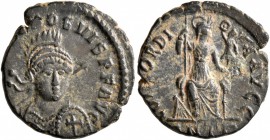 Theodosius II, 402-450. Follis (Bronze, 16 mm, 1.78 g, 11 h), Antiochia, 401-403. [D N THEO]DOGVIS P F AVG Pearl-diademed, helmeted and cuirassed bust...
