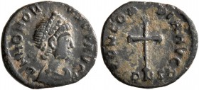 Honorius, 393-423. Nummus (Bronze, 11 mm, 0.62 g, 6 h), Constantinopolis, 404-406. D N HONOR-IVS P F AVG Pearl-diademed, draped and cuirassed bust of ...