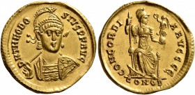 Theodosius II, 402-450. Solidus (Gold, 20 mm, 4.47 g, 7 h), Constantinopolis, 402-403. D N THEODO-SIVS P F AVG Helmeted and cuirassed bust of Theodosi...