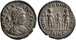 Theodosius II, 402-450. Follis (Bronze, 16 mm, 2.01 g, 1 h), Cyzicus, 406-408. D N THEODO-SIVS P F AVG Pearl-diademed, draped and cuirassed bust of Th...