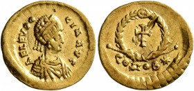 Aelia Eudocia, Augusta, 423-460. Tremissis (Gold, 14 mm, 1.32 g, 12 h), Constantinopolis, circa 430-440. AEL EVDO-CIA AVG Pearl-diademed, draped and c...