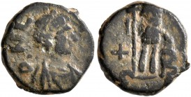 Leo I, 457-474. Nummus (Bronze, 10 mm, 1.11 g, 7 h), Constantinopolis. D N L-[EO] Pearl-diademed, draped and cuirassed bust of Leo I to right. Rev. Le...