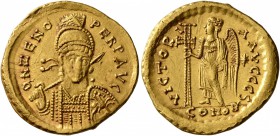 Zeno, second reign, 476-491. Solidus (Gold, 20 mm, 4.48 g, 6 h), Constantinopolis. D N ZENO PERP AVG Pearl-diademed, helmeted and cuirassed bust of Ze...