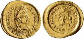 Zeno, second reign, 476-491. Tremissis (Gold, 15 mm, 1.48 g, 6 h), Constantinopolis. D N ZENO PERP AVG Diademed, draped and cuirassed bust of Zeno to ...