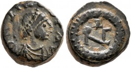 Zeno, second reign, 476-491. Nummus (Bronze, 9 mm, 1.24 g, 6 h), Thessalonica or Nicomedia. D N ZENO P F AVG Pearl-diademed, draped and cuirassed bust...