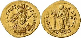 Basiliscus, 475-476. Solidus (Gold, 21 mm, 4.33 g, 6 h), Constantinopolis. D N bASILISC Ч S P P AVG Pearl-diademed, helmeted and cuirassed bust of Bas...