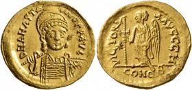 Anastasius I, 491-518. Solidus (Gold, 21 mm, 4.37 g, 7 h), Constantinopolis, 498-518. D N ANASTASIVS P P AVG Pearl-diademed, helmeted and cuirassed bu...