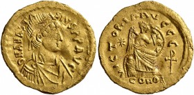 Anastasius I, 491-518. Semissis (Gold, 18 mm, 2.24 g, 6 h), Constantinopolis, circa 507-518. D N ANASTASIVS P P AVG Pearl-diademed, draped and cuirass...