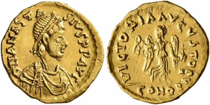 Anastasius I, 491-518. Tremissis (Gold, 14 mm, 1.46 g, 7 h), Constantinopolis. D...