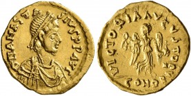Anastasius I, 491-518. Tremissis (Gold, 14 mm, 1.46 g, 7 h), Constantinopolis. D N ANASTASIVS P P AVG Pearl-diademed, draped, and cuirassed bust of An...