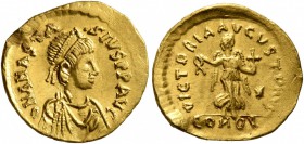 Anastasius I, 491-518. Tremissis (Gold, 15 mm, 1.50 g, 7 h), Constantinopolis. D N ANASTASIVS P P AVG Pearl-diademed, draped, and cuirassed bust of An...