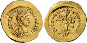 Anastasius I, 491-518. Tremissis (Gold, 15 mm, 1.48 g, 6 h), Constantinopolis. D N ANASTASIVS P P AVG Pearl-diademed, draped and cuirassed bust of Ana...