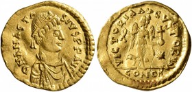 Anastasius I, 491-518. Tremissis (Gold, 15 mm, 1.47 g, 6 h), Constantinopolis. D N ANASTASIVS P P AVG Pearl-diademed, draped, and cuirassed bust of An...