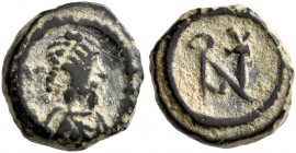 Anastasius I, 491-518. Pentanummium (Bronze, 9 mm, 0.71 g, 7 h), pre-reform, Constantinopolis, 491-498. Diademed, draped, and cuirassed bust of Anasta...