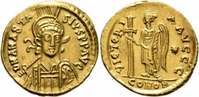 Anastasius I, 491-518. Solidus (Gold, 21 mm, 4.44 g, 6 h), Thessalonica. D N ANASTASIVS P P AVG Pearl-diademed, helmeted and cuirassed bust of Anastas...