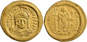 Justinian I, 527-565. Solidus (Gold, 21 mm, 4.47 g, 7 h), Constantinopolis, 545-565. D N IVSTINIANVS P P AVI Helmeted and cuirassed bust of Justinian ...