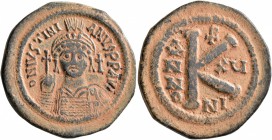 Justinian I, 527-565. Half Follis (Bronze, 28 mm, 11.89 g, 1 h), Nicomedia, 541-542. D N IVSTINIANVS P P AVI Helmeted and cuirassed bust of Justinian ...