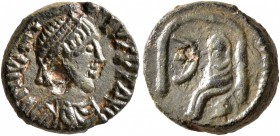 Justinian I, 527-565. Pentanummium (Bronze, 12 mm, 2.10 g, 6 h), Theoupolis (Antiochia). D N IVSTINIANVS P P AVG Diademed, draped, and cuirassed bust ...