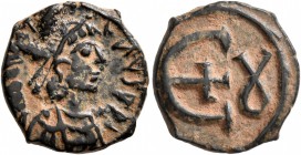Justinian I, 527-565. Pentanummium (Bronze, 14 mm, 2.09 g, 6 h), Theoupolis (Antiochia), circa 546-551. D N IVSTINIANVS P P AVG Diademed, draped, and ...