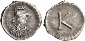 Anonymous, time of Justinian I, circa 530. Half Siliqua (Silver, 13 mm, 1.10 g, 1 h), Constantinopolis. Helmeted and draped bust of Constantinopolis t...